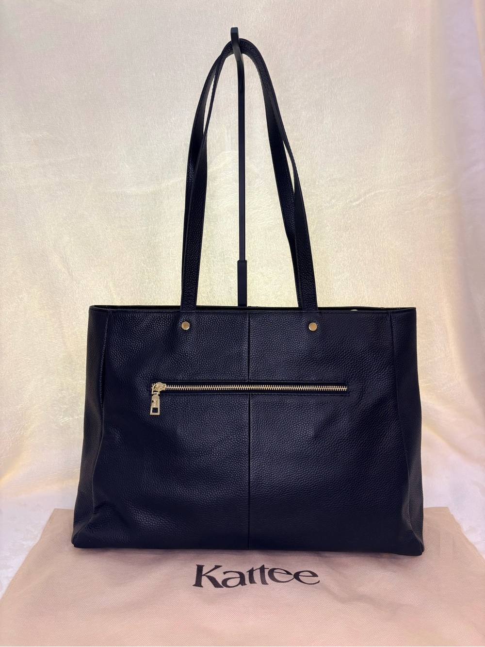 Kattee Black Leather Tote with Front Zip Pocket